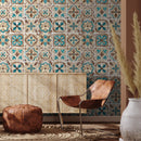 Tile Wallpaper with a Portuguese Motif in Teal, Brown, and Beige - A552