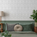 Geometric Wallpaper with a Stylized Leaf Motif in Gray and White - A553