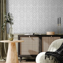 Geometric Wallpaper with a Stylized Leaf Motif in Gray and White - A553