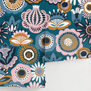 Floral Wallpaper with a Folk Art Motif in Teal, Pink, and Ochre - A785