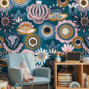Floral Wallpaper with a Folk Art Motif in Teal, Pink, and Ochre - A785