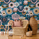 Floral Wallpaper with a Folk Art Motif in Teal, Pink, and Ochre - A785