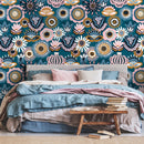 Floral Wallpaper with a Folk Art Motif in Teal, Pink, and Ochre - A785