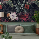 Tropical Wallpaper with Exotic Flowers and Palm Leaves in Red, Green, and Purple - A839