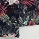 Tropical Wallpaper with Exotic Flowers and Palm Leaves in Red, Green, and Purple - A839
