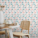 Scandinavian Wallpaper with a Retro Floral Motif in Teal, Coral, and Grey - A724