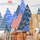 Abstract Wallpaper with a Stylized Mountain Range in Blue, and Coral- A950
