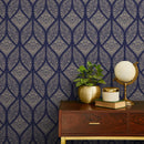 Art Deco Geometric Wallpaper with Dotted Diamond Motifs in Navy Blue and Beige - A424