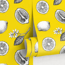 Botanical Wallpaper with Lemon Sketches in Yellow, Black, and White - A017