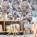 Botanical Wallpaper with Folk Art Florals in Teal, Orange, and Blue - A407