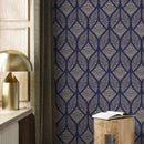 Art Deco Geometric Wallpaper with Dotted Diamond Motifs in Navy Blue and Beige - A424