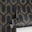 Art Deco Wallpaper with a Geometric Line Pattern in Black and Gold - A436