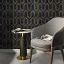 Art Deco Wallpaper with a Geometric Line Pattern in Black and Gold - A436