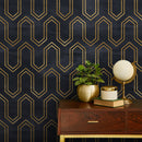 Art Deco Wallpaper with a Geometric Line Pattern in Black and Gold - A436