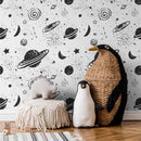 Space Wallpaper Featuring Hand-Drawn Planets and Stars in Black and White - A441
