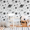 Space Wallpaper Featuring Hand-Drawn Planets and Stars in Black and White - A441