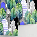 Botanical Wallpaper with Abstract Leaves in Green, Blue, and Black - A502