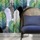 Botanical Wallpaper with Abstract Leaves in Green, Blue, and Black - A502