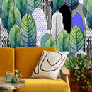 Botanical Wallpaper with Abstract Leaves in Green, Blue, and Black - A502