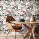 Botanical Wallpaper with an Abstract Watercolor Branch Motif in Pink, Black, and Green - A517
