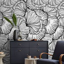 Abstract Wallpaper Featuring Large Graphic Leaves in Black and White - A524