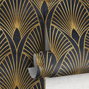Art Deco Wallpaper with a Geometric Fan Motif in Black and Gold - A537