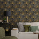 Art Deco Wallpaper with a Geometric Fan Motif in Black and Gold - A537