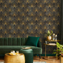 Art Deco Wallpaper with a Geometric Fan Motif in Black and Gold - A537