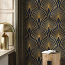 Art Deco Wallpaper with a Geometric Fan Motif in Black and Gold - A537