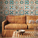 Tile Wallpaper with a Portuguese Motif in Teal, Brown, and Beige - A552