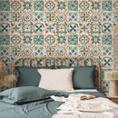 Tile Wallpaper with a Portuguese Motif in Teal, Brown, and Beige - A552