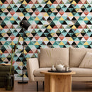 Geometric Wallpaper with a Tropical Triangle Motif in Teal, Coral, and Yellow - A599