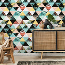 Geometric Wallpaper with a Tropical Triangle Motif in Teal, Coral, and Yellow - A599
