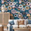 Floral Wallpaper with a Folk Art Motif in Teal, Pink, and Ochre - A785
