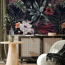 Tropical Wallpaper with Exotic Flowers and Palm Leaves in Red, Green, and Purple - A839