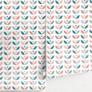 Scandinavian Wallpaper with a Retro Floral Motif in Teal, Coral, and Grey - A724