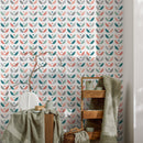 Scandinavian Wallpaper with a Retro Floral Motif in Teal, Coral, and Grey - A724