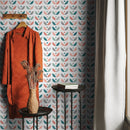 Scandinavian Wallpaper with a Retro Floral Motif in Teal, Coral, and Grey - A724
