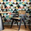 Geometric Wallpaper with a Tropical Triangle Motif in Teal, Coral, and Yellow - A599