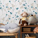 Botanical Wallpaper with Delicate Leafy Vines in Teal and Beige - A040