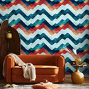 Abstract Wallpaper with a Wavy Mountain Motif in Teal, Red, and Yellow - A054