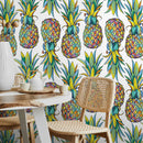 Tropical Wallpaper with Mosaic Style Pineapples in Yellow, Blue, and Green - D989