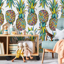 Tropical Wallpaper with Mosaic Style Pineapples in Yellow, Blue, and Green - D989