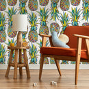 Tropical Wallpaper with Mosaic Style Pineapples in Yellow, Blue, and Green - D989