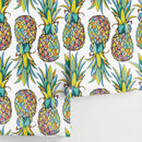 Tropical Wallpaper with Mosaic Style Pineapples in Yellow, Blue, and Green - D989