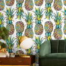 Tropical Wallpaper with Mosaic Style Pineapples in Yellow, Blue, and Green - D989