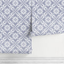 Tile Wallpaper with a Vintage Floral Medallion Motif in Blue and White - A110