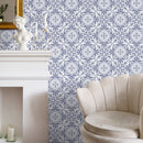 Tile Wallpaper with a Vintage Floral Medallion Motif in Blue and White - A110