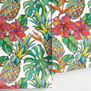 Tropical Wallpaper with Pineapples and Hibiscus in Red, Green, and Yellow - A137