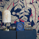 Tropical Wallpaper with Stylized Banana Leaves in Navy Blue, Beige, and Red - A023